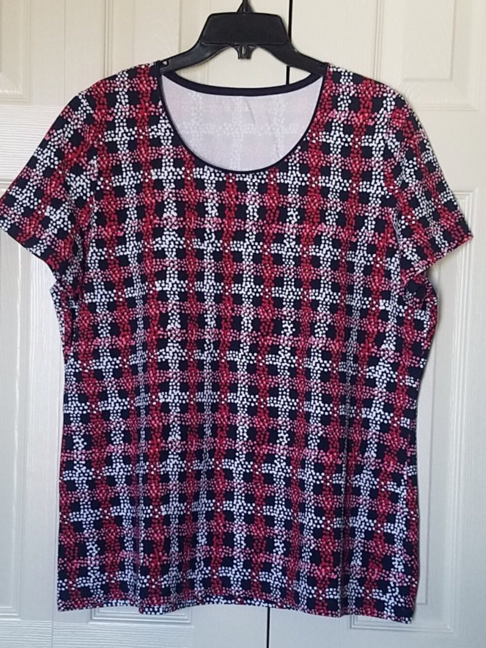 KIM ROGERS Round Neck Short Sleeve Tee Red Multicolor Plaid Geo Womens XXL